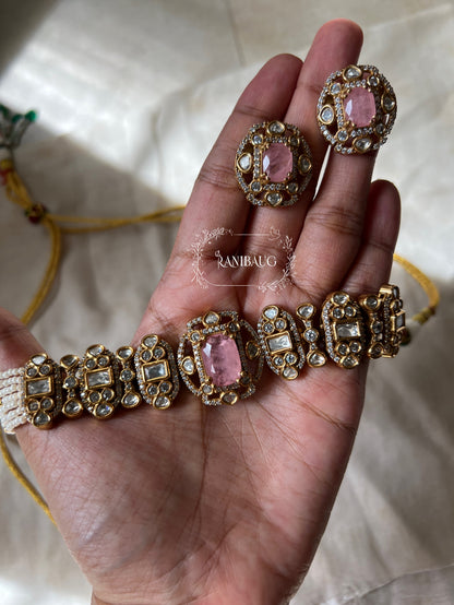 Nishi Royal Polki Kundan Studded Gold Finish Layered Necklace Set With Earrings By Ranibaug