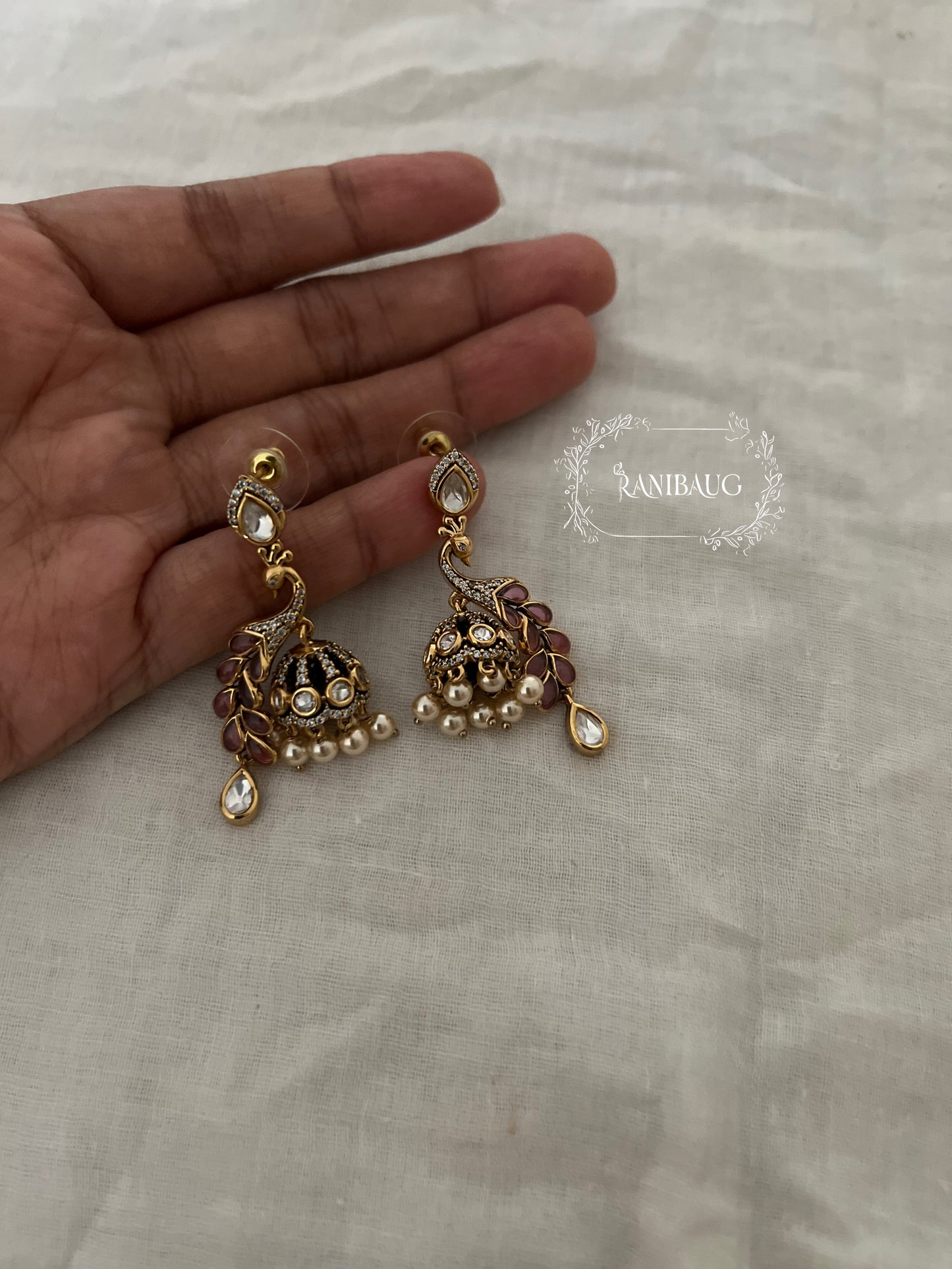 Peacock Polki Kundan Dangler Jhumka Earrings by Ranibaug