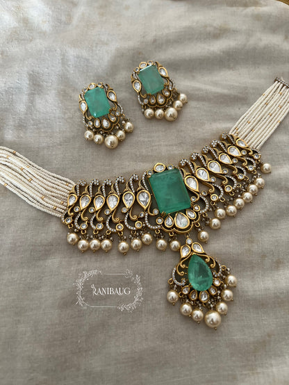 Trishna Emerald Stone And Polki Kundan Accents Multistrand Necklace Set For Women By Ranibaug For Special Occasions
