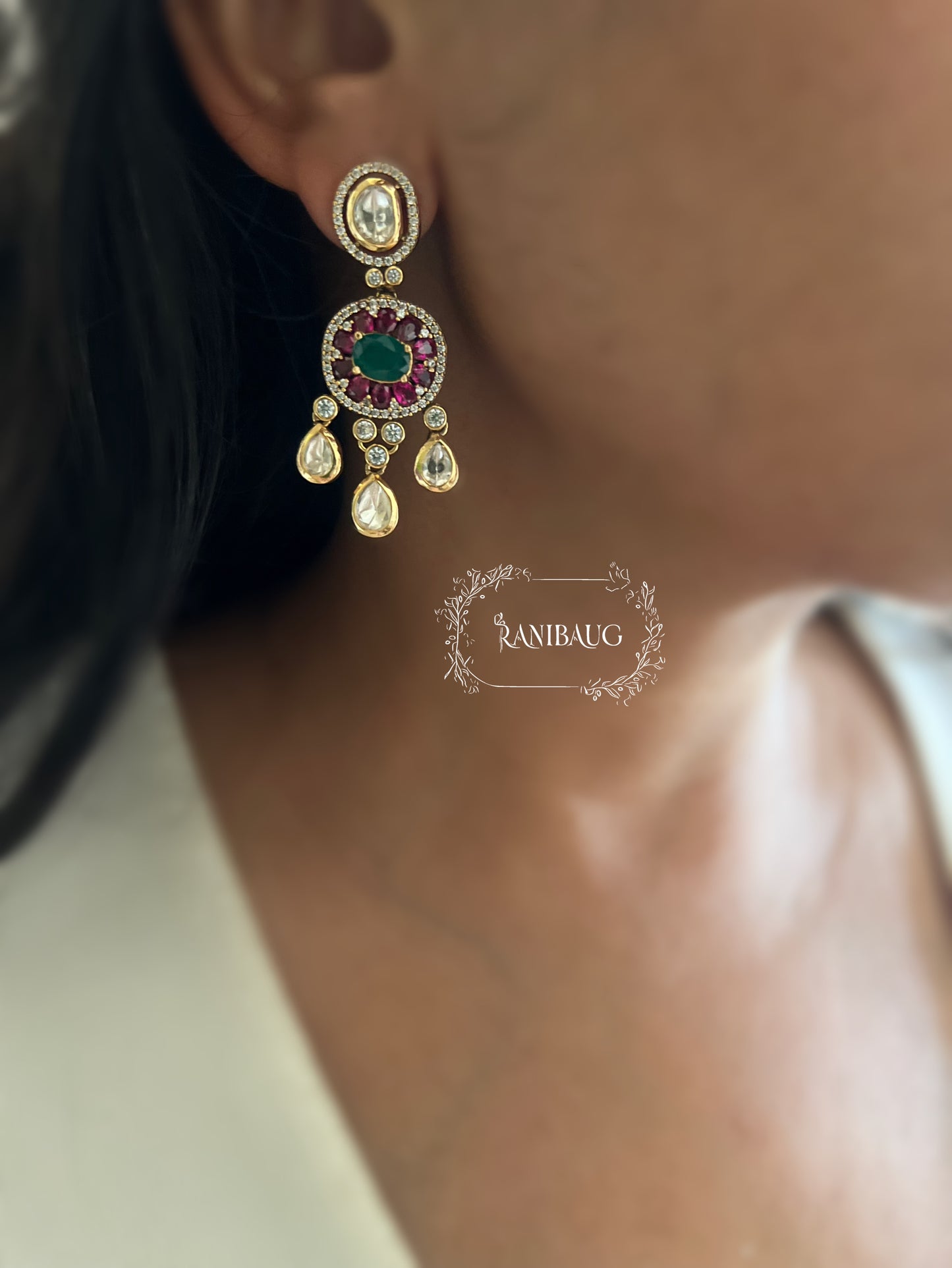 Kumud Light Green Teardrop Center Motif Two Layered Kundan Studded Gold Finish Premium Festive Necklace Set By Ranibaug