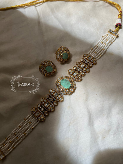 Nishi Royal Polki Kundan Studded Gold Finish Layered Necklace Set With Earrings By Ranibaug