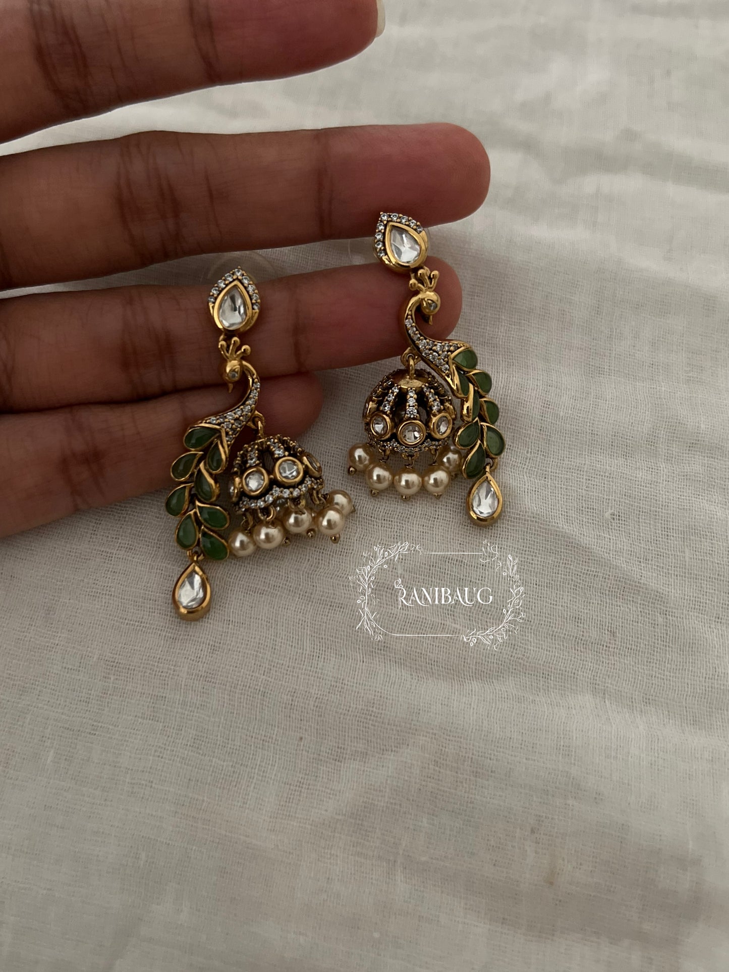 Peacock Polki Kundan Dangler Jhumka Earrings by Ranibaug