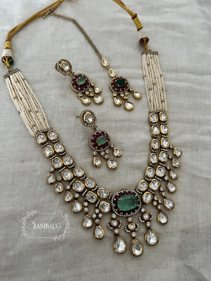 Kumud Light Green Teardrop Center Motif Two Layered Kundan Studded Gold Finish Premium Festive Necklace Set By Ranibaug