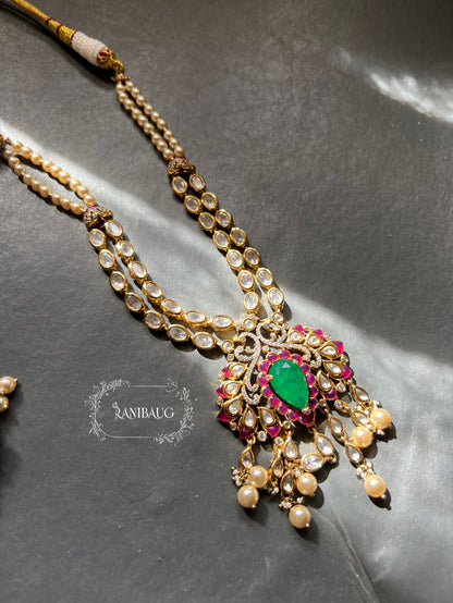Zarika Geometric Polki Studded Gold Finish Emerald Stones Adorned Two Layered Necklace Set By Ranibaug