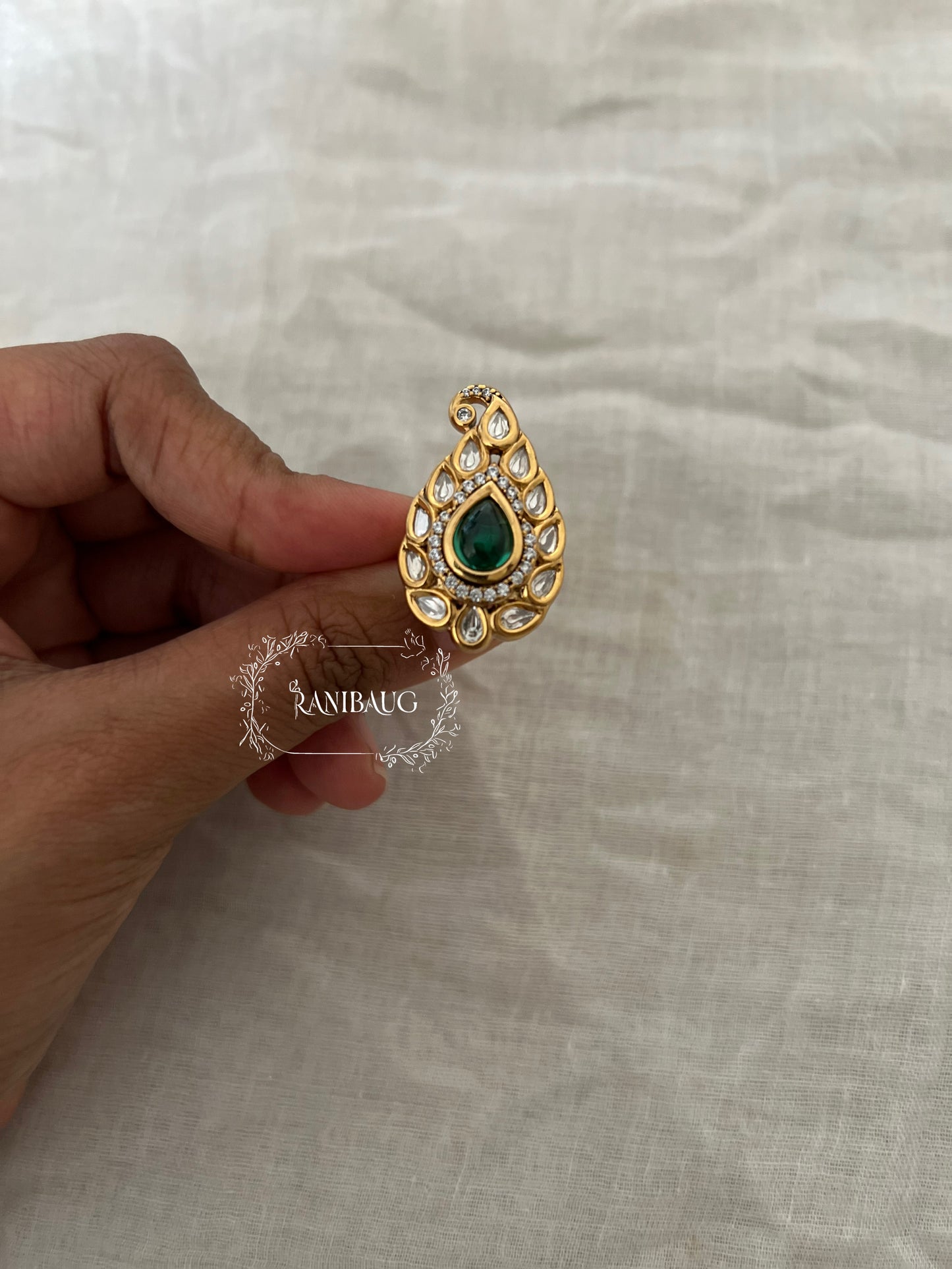 Harsha Gold Plated Intricate Leaf Shaped Kundan Surrounding Teardrop Gemstone Ring Jewelry By Ranibaug
