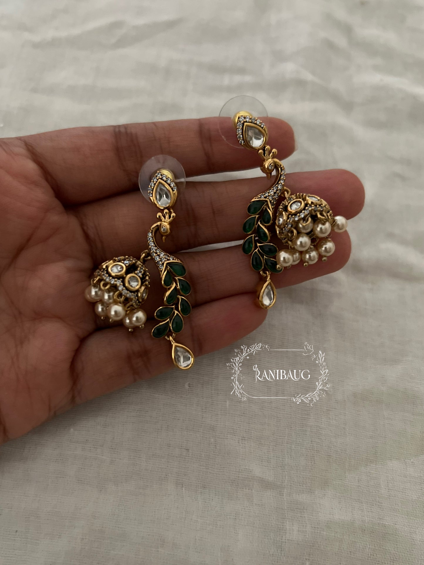 Peacock Polki Kundan Dangler Jhumka Earrings by Ranibaug