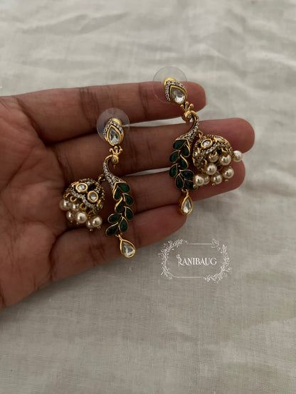 Peacock Polki Kundan Dangler Jhumka Earrings by Ranibaug