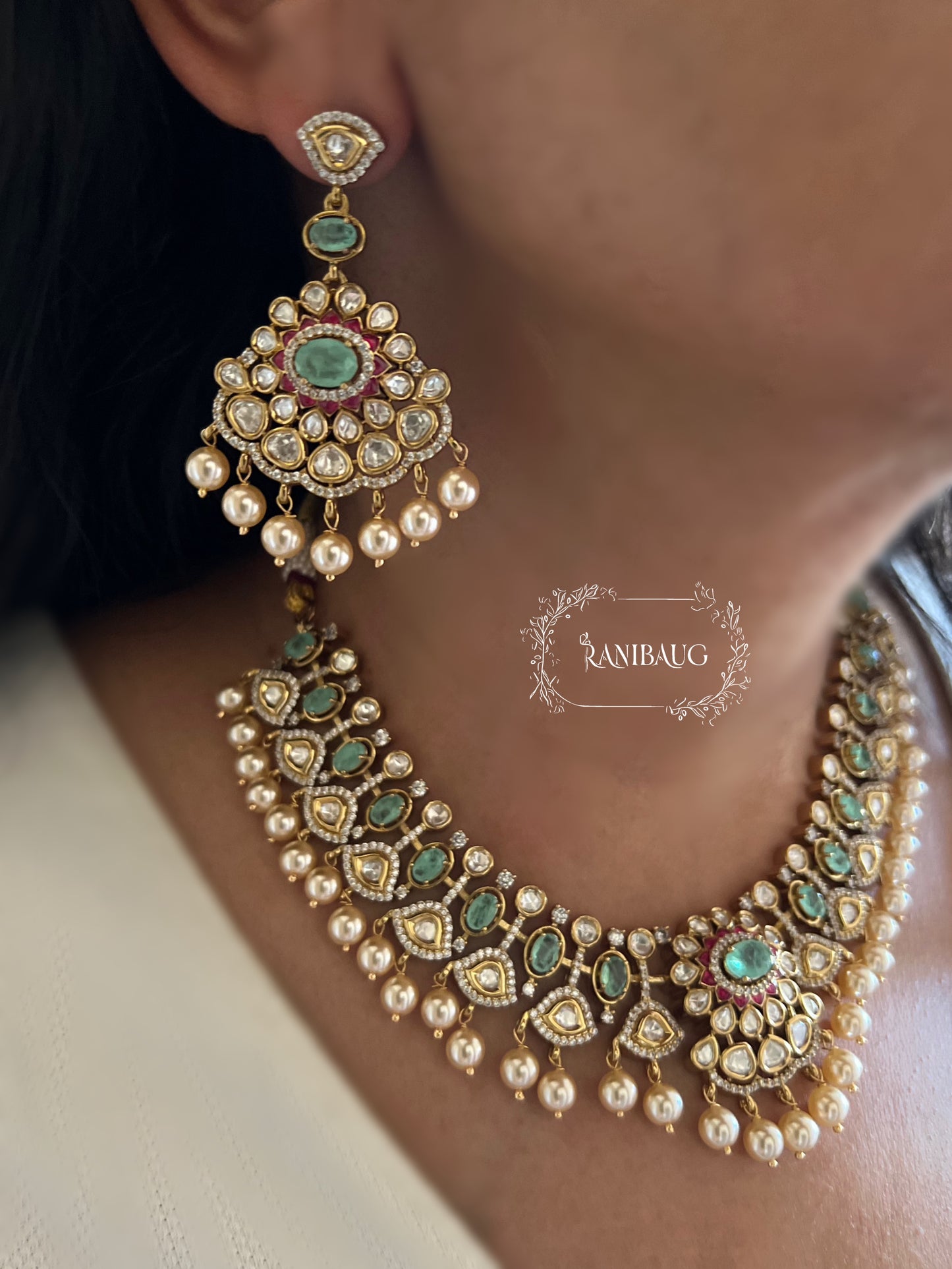 Kumud Light Green Teardrop Center Motif Two Layered Kundan Studded Gold Finish Premium Festive Necklace Set By Ranibaug
