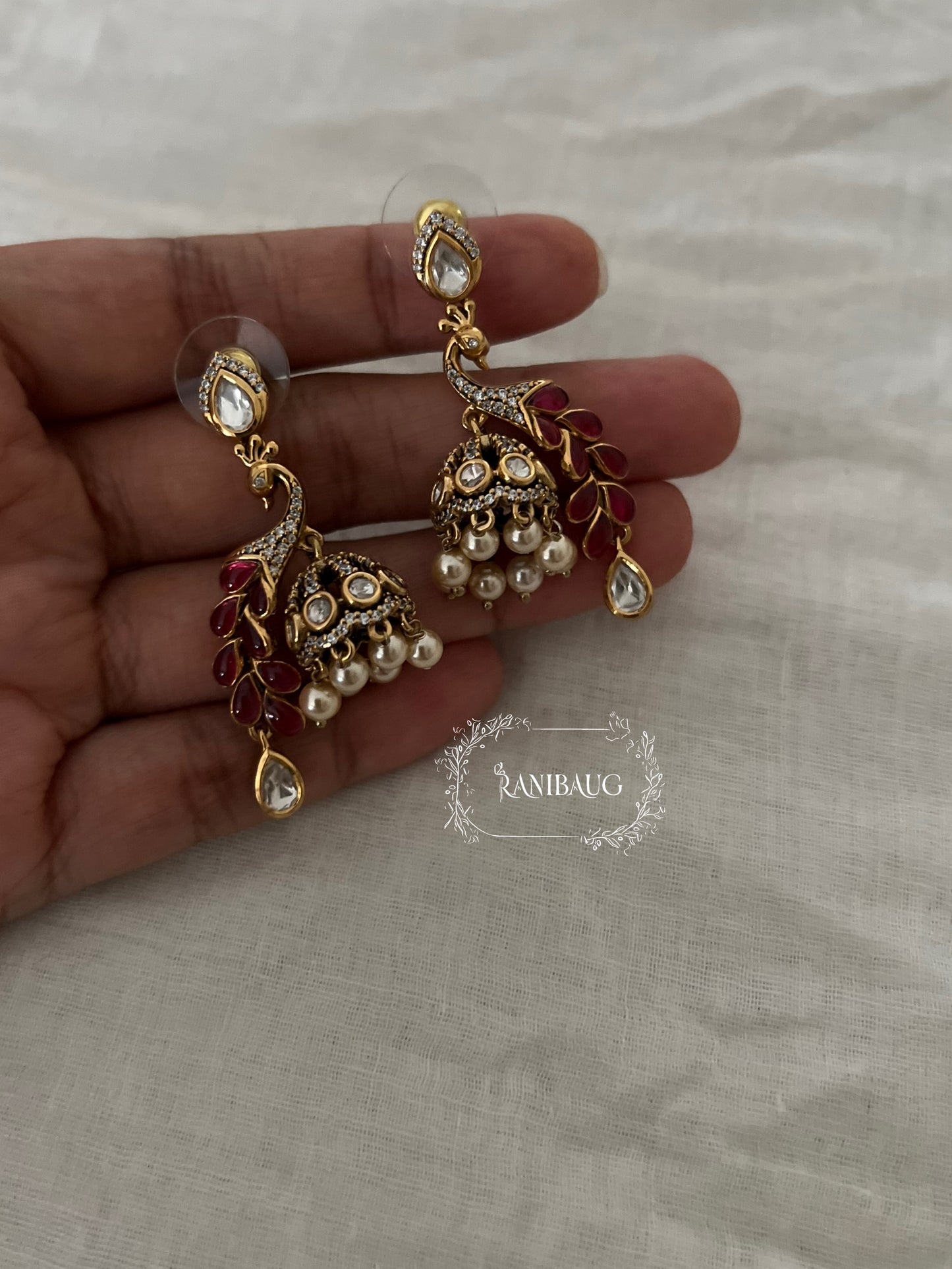 Peacock Polki Kundan Dangler Jhumka Earrings by Ranibaug
