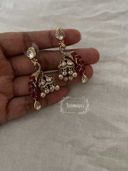 Peacock Polki Kundan Dangler Jhumka Earrings by Ranibaug