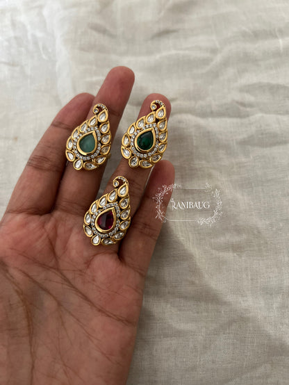 Harsha Gold Plated Intricate Leaf Shaped Kundan Surrounding Teardrop Gemstone Ring Jewelry By Ranibaug