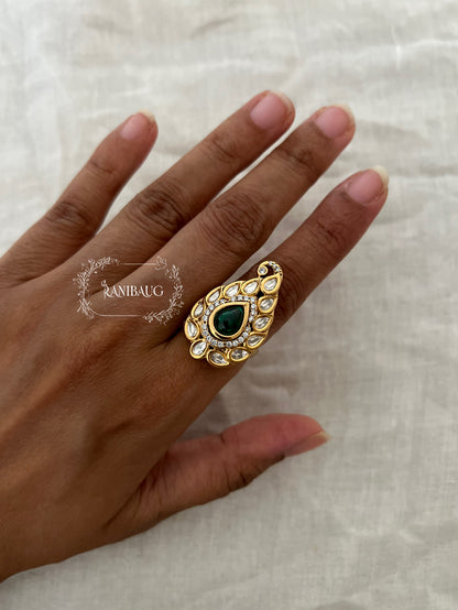 Harsha Gold Plated Intricate Leaf Shaped Kundan Surrounding Teardrop Gemstone Ring Jewelry By Ranibaug