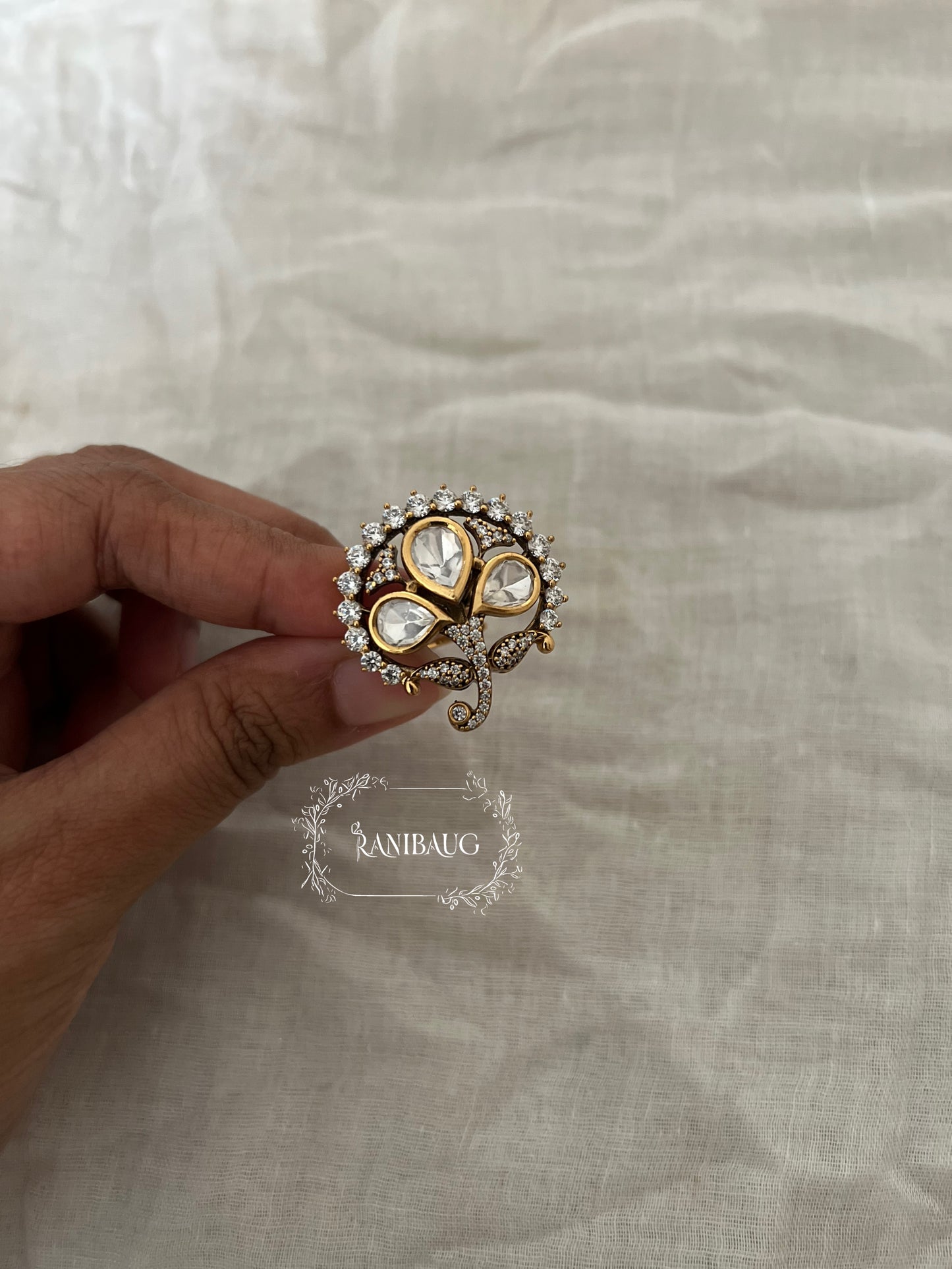 Tara Oval Polki Motif Geometric Minimal Festive Ring Jewelry By Ranibaug