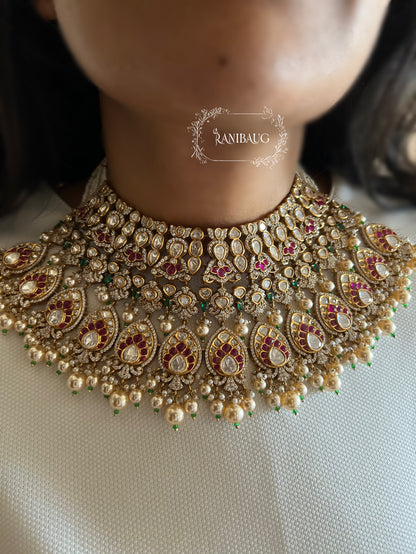 Aadya Heavy Royal Jewels Studded Traditional Indian Polki Pearls Gold Finish Bridal Jewellery Set By Ranibaug