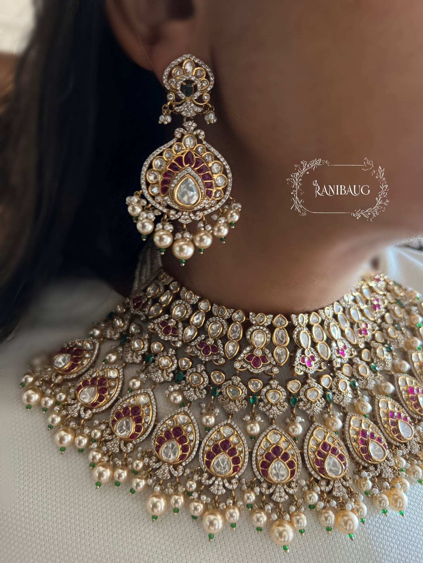 Aadya Heavy Royal Jewels Studded Traditional Indian Polki Pearls Gold Finish Bridal Jewellery Set By Ranibaug