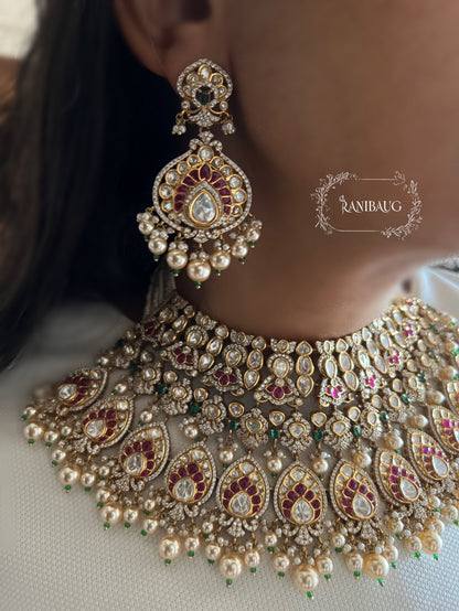 Aadya Heavy Royal Jewels Studded Traditional Indian Polki Pearls Gold Finish Bridal Jewellery Set By Ranibaug