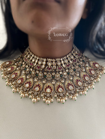 Aadya Heavy Royal Jewels Studded Traditional Indian Polki Pearls Gold Finish Bridal Jewellery Set By Ranibaug