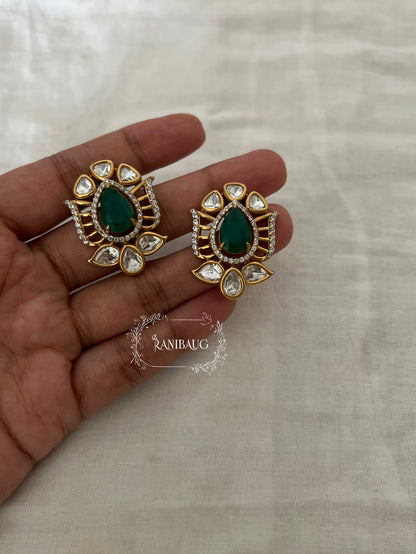 Aaliya Polki Teardrop Gemstone Antique Gold Finish Designer Ear Studs By Ranibaug