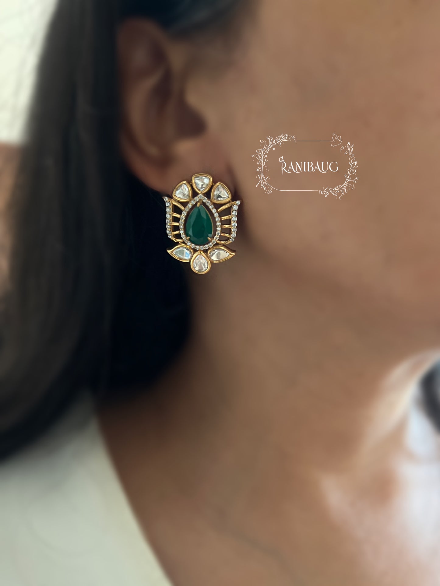 Aaliya Polki Teardrop Gemstone Antique Gold Finish Designer Ear Studs By Ranibaug