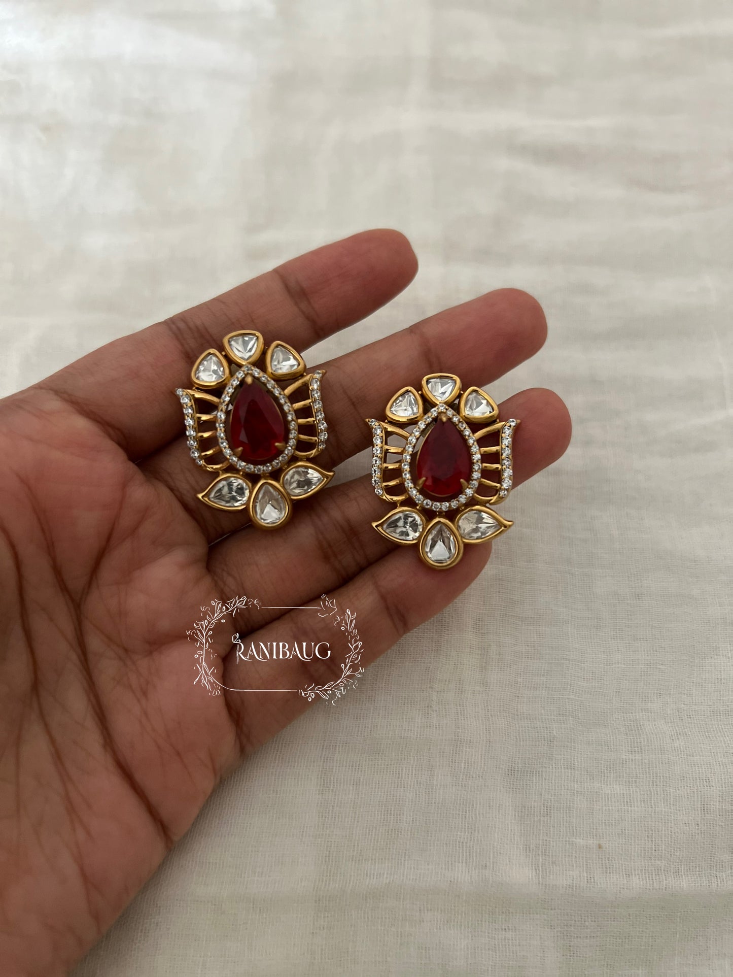 Aaliya Polki Teardrop Gemstone Antique Gold Finish Designer Ear Studs By Ranibaug