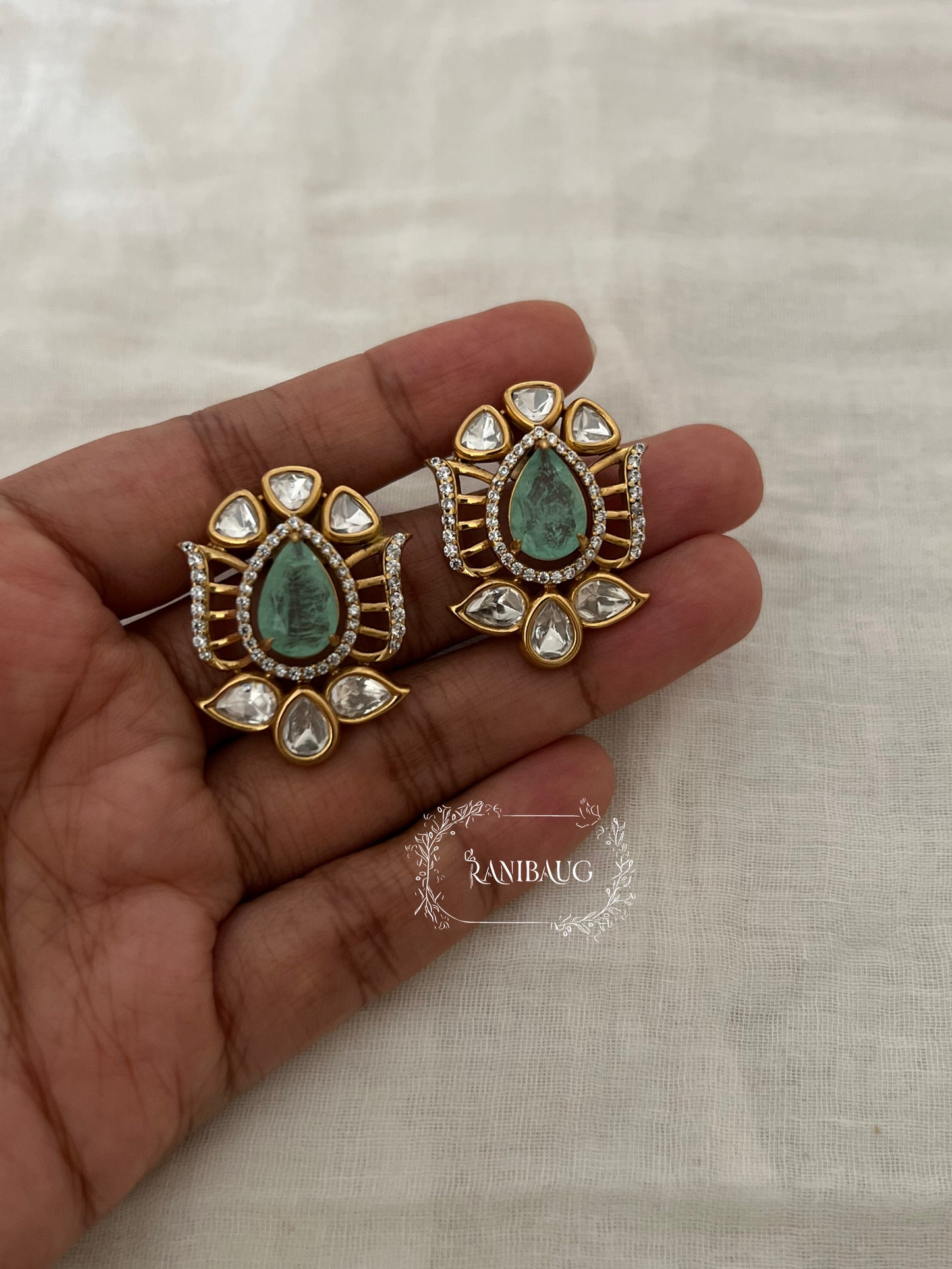 Aaliya Polki Teardrop Gemstone Antique Gold Finish Designer Ear Studs By Ranibaug