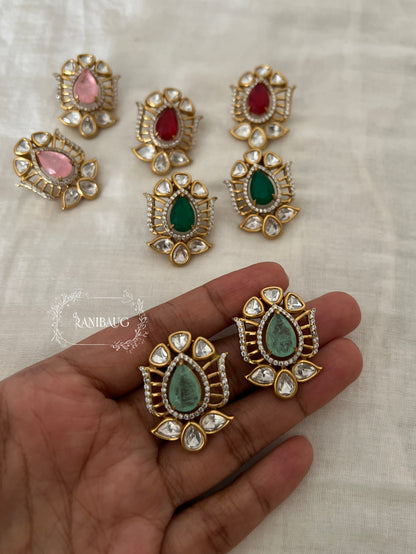 Aaliya Polki Teardrop Gemstone Antique Gold Finish Designer Ear Studs By Ranibaug