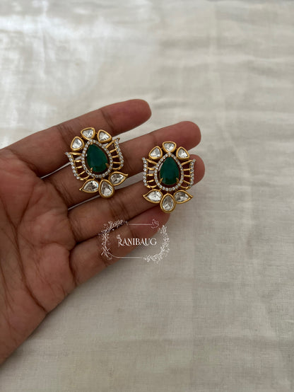 Aaliya Polki Teardrop Gemstone Antique Gold Finish Designer Ear Studs By Ranibaug