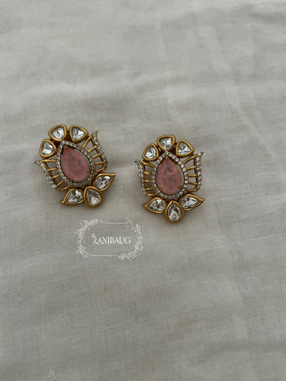Aaliya Polki Teardrop Gemstone Antique Gold Finish Designer Ear Studs By Ranibaug