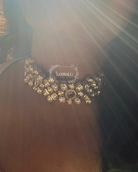 Aanchal Gold Plated Polki Kundan Choker Necklace With Earrings By Ranibaug