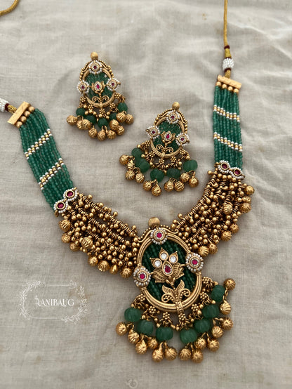 Aaradhya Emerald Green And Gold Tone Bead Adorned Heritage Necklace Jewellery Set By Ranibaug