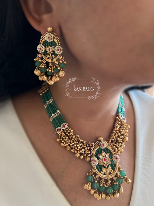 Aaradhya Emerald Green And Gold Tone Bead Adorned Heritage Necklace Jewellery Set By Ranibaug