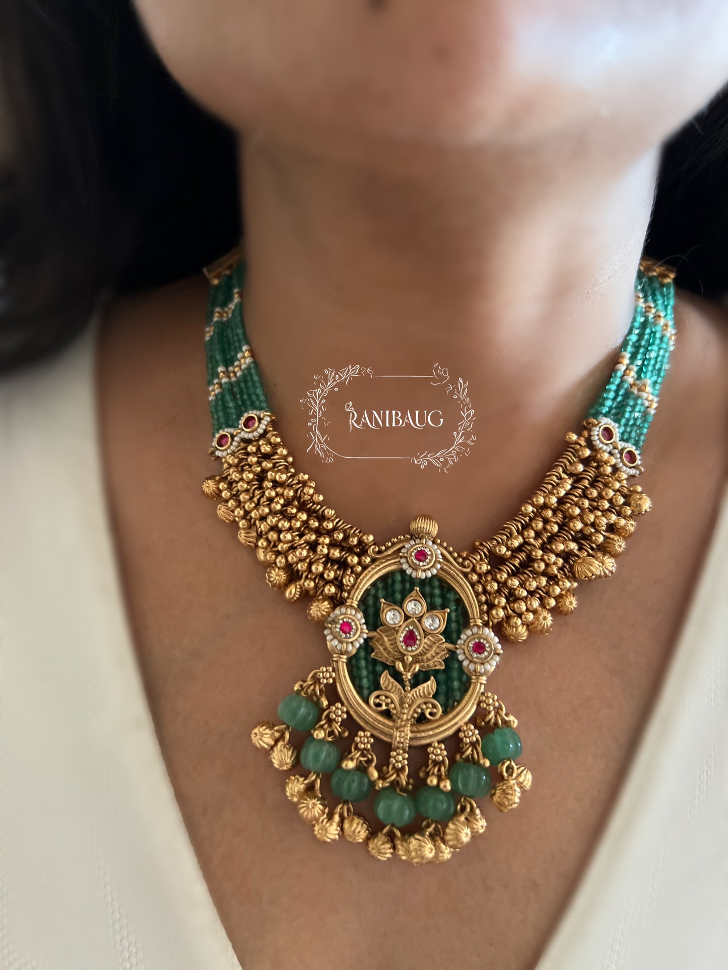 Aaradhya Emerald Green And Gold Tone Bead Adorned Heritage Necklace Jewellery Set By Ranibaug