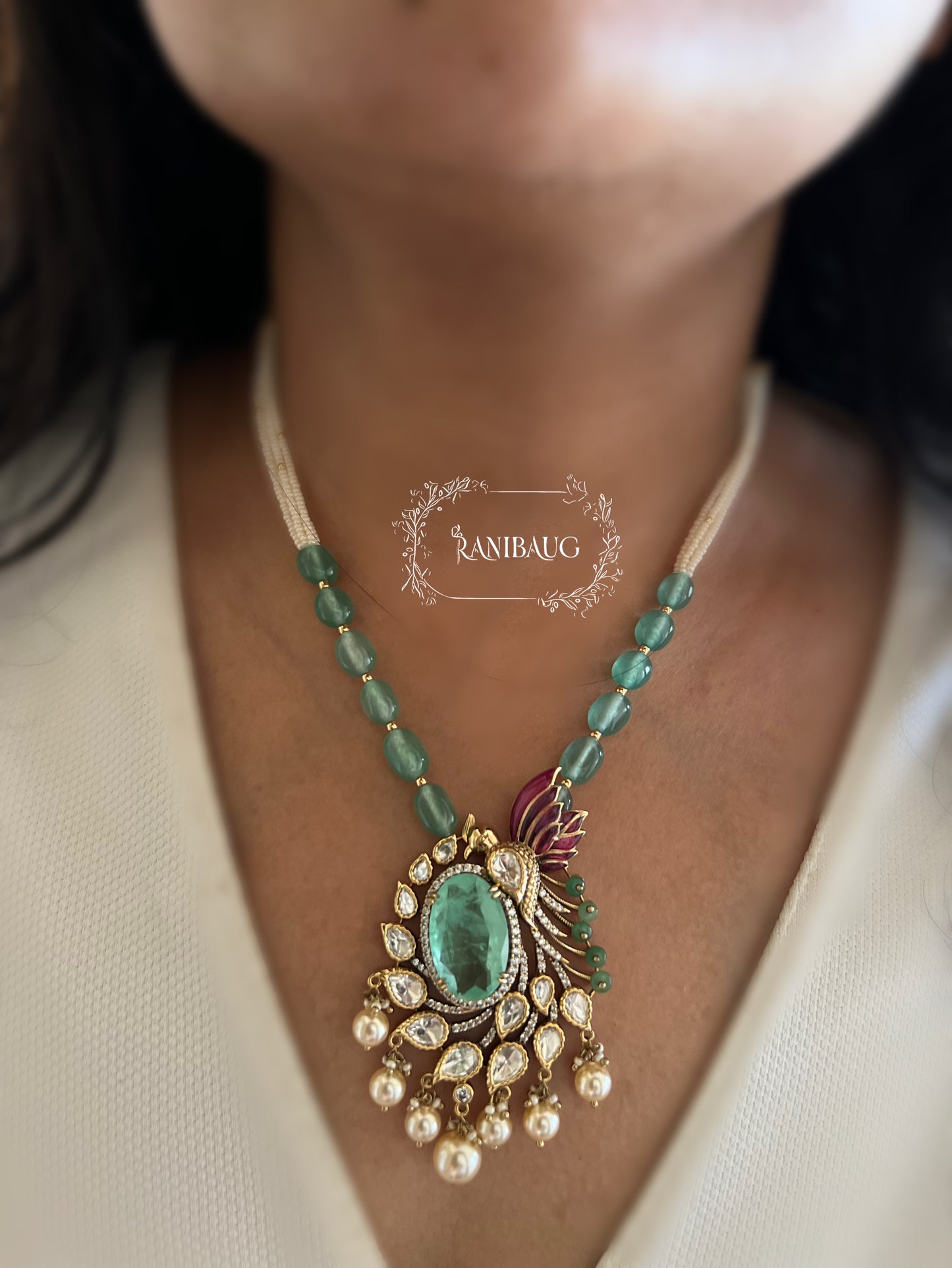Aaradhya Mint Stone Polki Studded Beaded Pearl Jewellery Set By Ranibaug