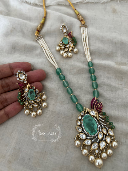 Aaradhya Mint Stone Polki Studded Beaded Pearl Jewellery Set By Ranibaug