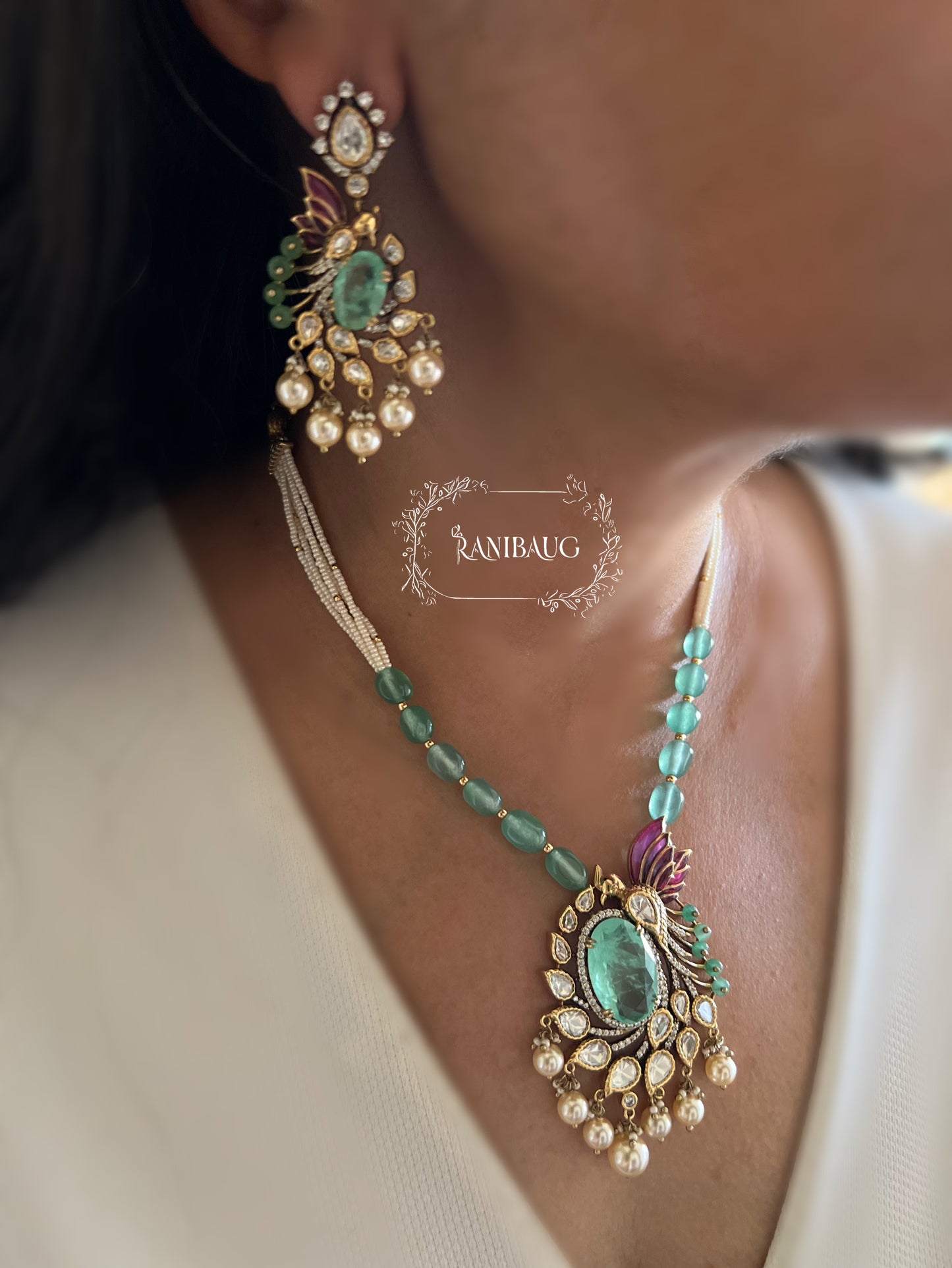 Aaradhya Mint Stone Polki Studded Beaded Pearl Jewellery Set By Ranibaug