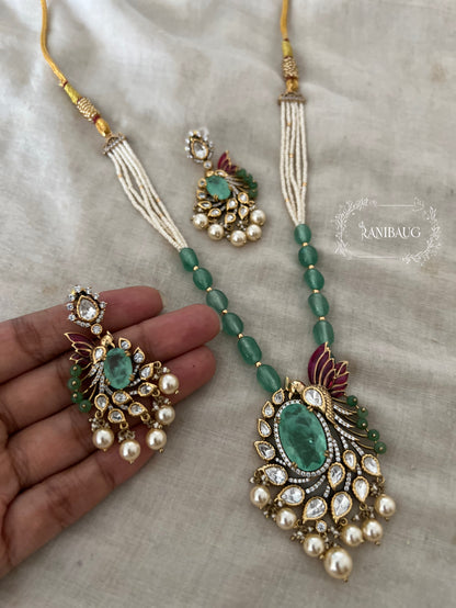 Aaradhya Mint Stone Polki Studded Beaded Pearl Jewellery Set By Ranibaug