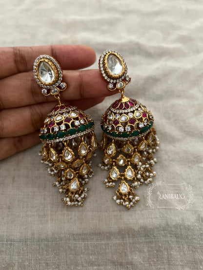 Aaravi Polki Fall Premium Gold Finish Emerald Stones And Pearl Adorned Jhumka Earrings By Ranibaug