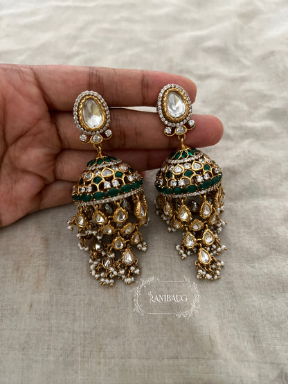 Aaravi Polki Fall Premium Gold Finish Emerald Stones And Pearl Adorned Jhumka Earrings By Ranibaug