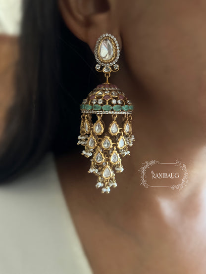 Aaravi Polki Fall Premium Gold Finish Emerald Stones And Pearl Adorned Jhumka Earrings By Ranibaug