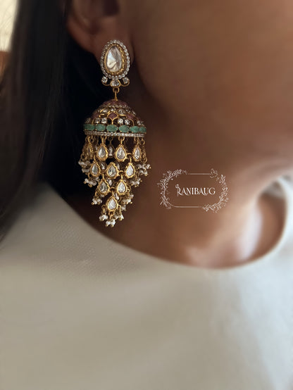 Aaravi Polki Fall Premium Gold Finish Emerald Stones And Pearl Adorned Jhumka Earrings By Ranibaug