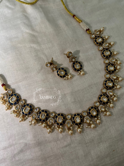 Aarika Polki Studded Rich Gold Finish Pearl Adorned Royal Necklace Jewellery Set By Ranibaug