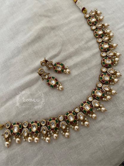 Aarika Polki Studded Rich Gold Finish Pearl Adorned Royal Necklace Jewellery Set By Ranibaug