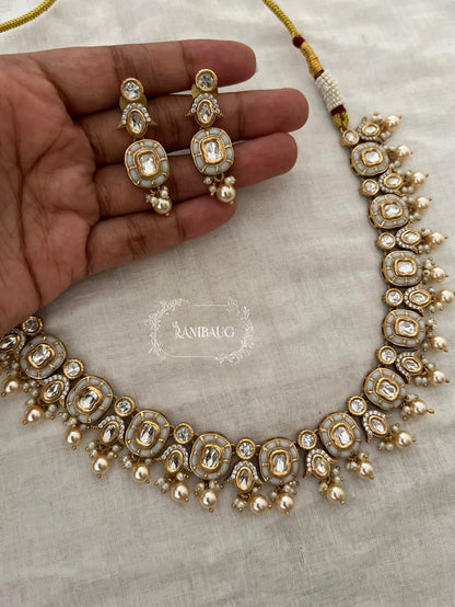 Aarika Polki Studded Rich Gold Finish Pearl Adorned Royal Necklace Jewellery Set By Ranibaug