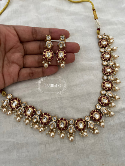 Aarika Polki Studded Rich Gold Finish Pearl Adorned Royal Necklace Jewellery Set By Ranibaug