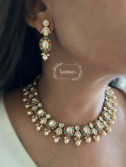 Aarika Polki Studded Rich Gold Finish Pearl Adorned Royal Necklace Jewellery Set By Ranibaug