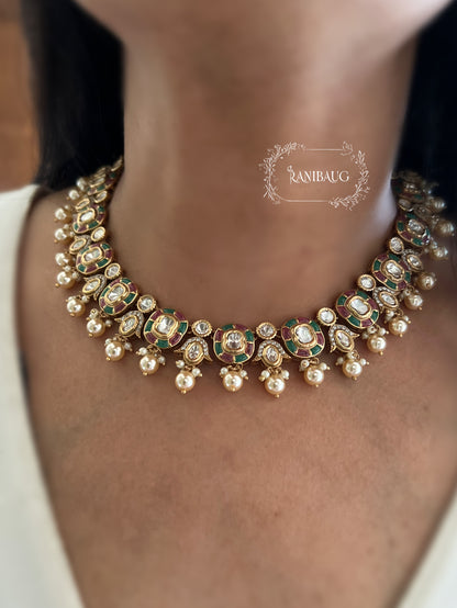 Aarika Polki Studded Rich Gold Finish Pearl Adorned Royal Necklace Jewellery Set By Ranibaug