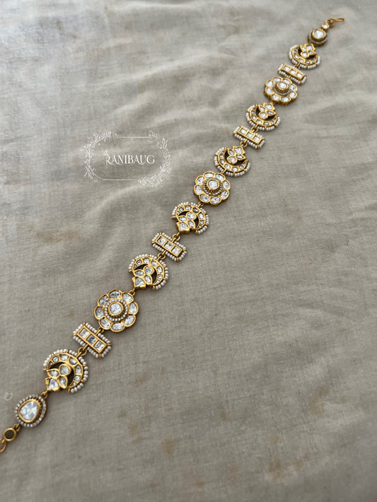 Aarna Kundan And Mini Pearls Studded Designer Floral Motifs Sheesh Phool In Matt Gold Finish By Ranibaug