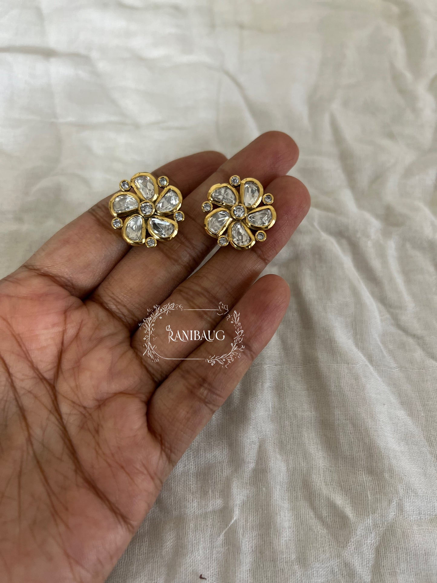 Aarna Polki Blossom Gold Finish Ear Studs Jewelry By Ranibaug