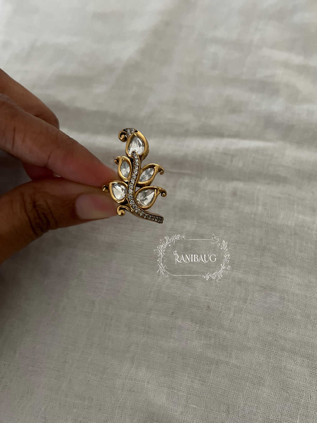 Aarohi Kundan Polki Gold Finish Leaf Ring Jewelry By Ranibaug