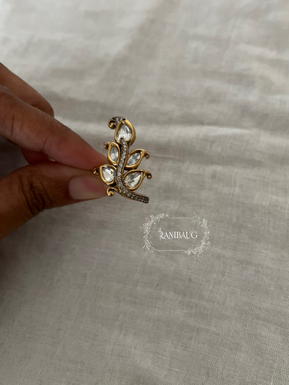 Aarohi Kundan Polki Gold Finish Leaf Ring Jewelry By Ranibaug